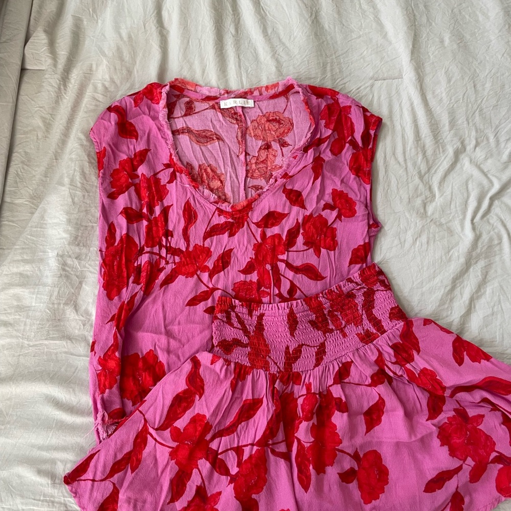 Pink and red floral blouse and skirt set; size small